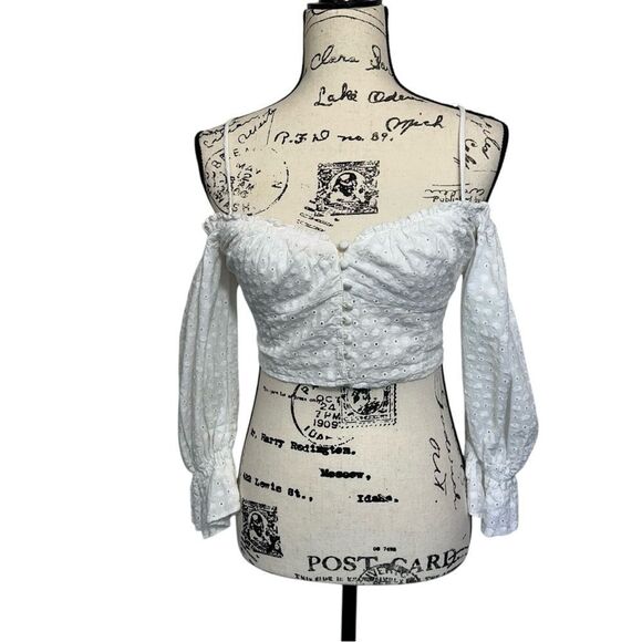 Zara White Eyelet Milkmaid Coastal Cowgirl Crop Top, Small - Picture 2 of 10